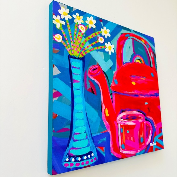 Modern Abstract Red Teapot Cup & Flowers 12"x 12" Cradled Wood Panel 12" x 12" - Picture 2 of 11